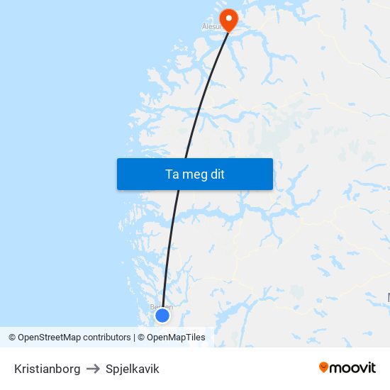 Kristianborg to Spjelkavik map