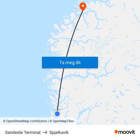 Sandeide Terminal to Spjelkavik map