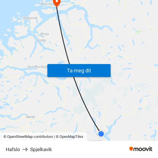 Hafslo to Spjelkavik map