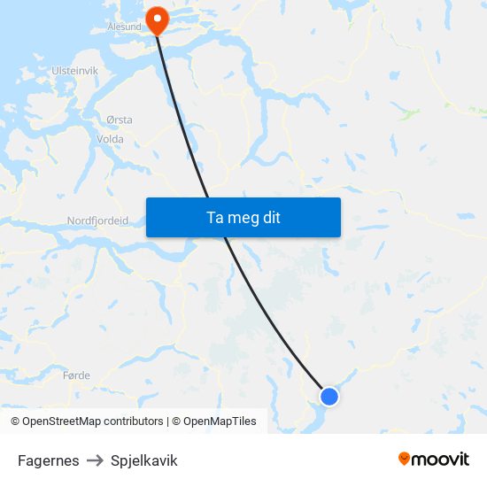 Fagernes to Spjelkavik map
