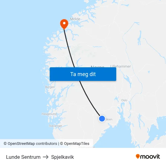 Lunde Sentrum to Spjelkavik map