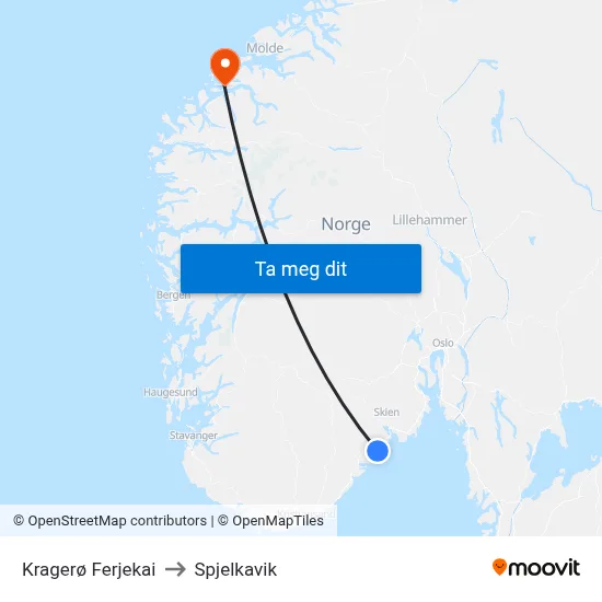 Kragerø Ferjekai to Spjelkavik map