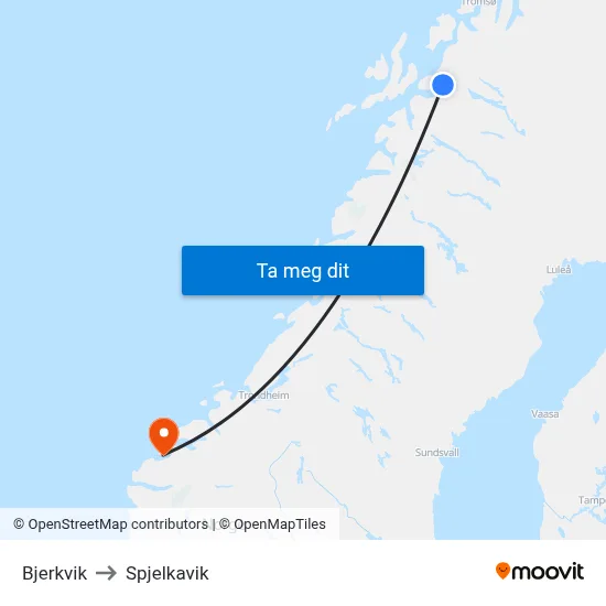 Bjerkvik to Spjelkavik map