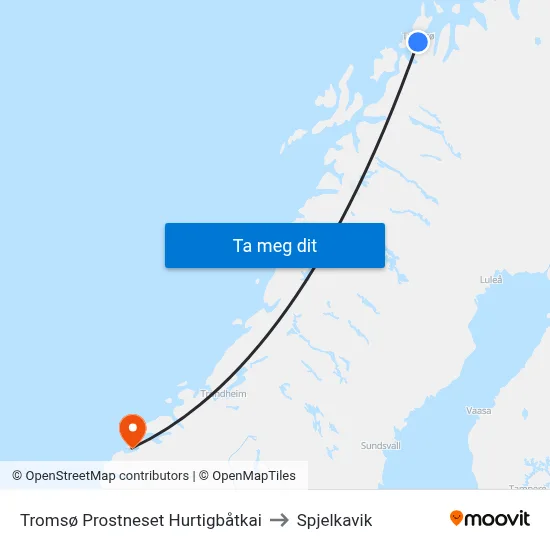 Tromsø Prostneset Hurtigbåtkai to Spjelkavik map
