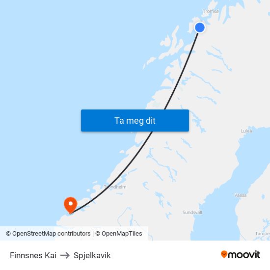 Finnsnes Kai to Spjelkavik map
