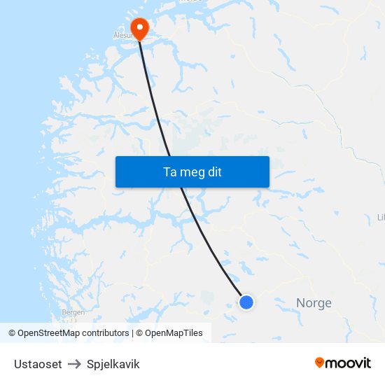 Ustaoset to Spjelkavik map