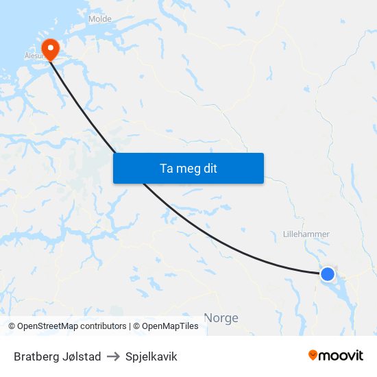 Bratberg Jølstad to Spjelkavik map