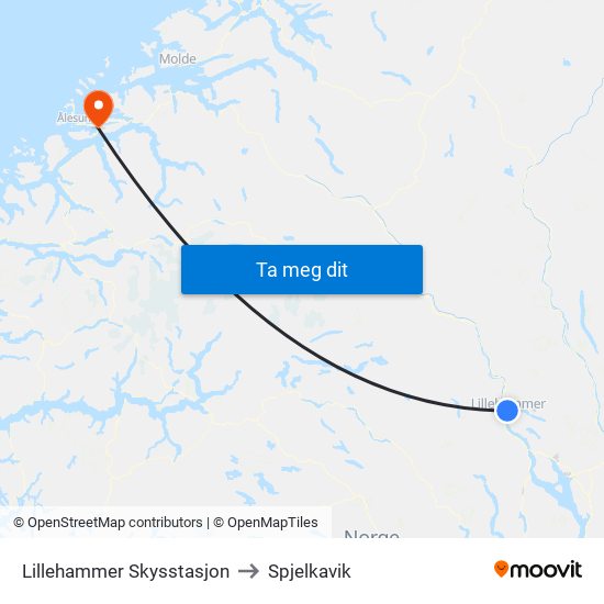 Lillehammer Skysstasjon to Spjelkavik map