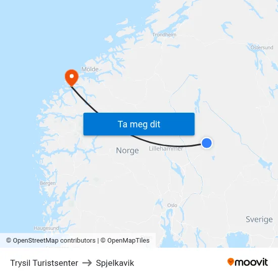 Trysil Turistsenter to Spjelkavik map