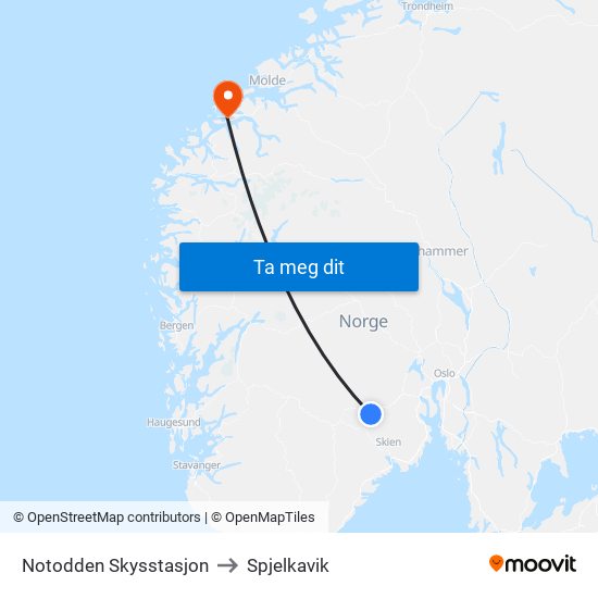 Notodden Skysstasjon to Spjelkavik map