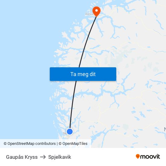 Gaupås Kryss to Spjelkavik map