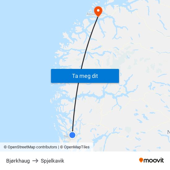 Bjørkhaug to Spjelkavik map
