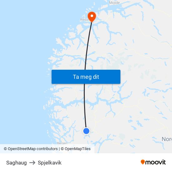 Saghaug to Spjelkavik map