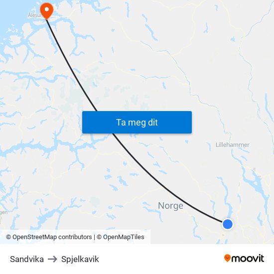 Sandvika to Spjelkavik map