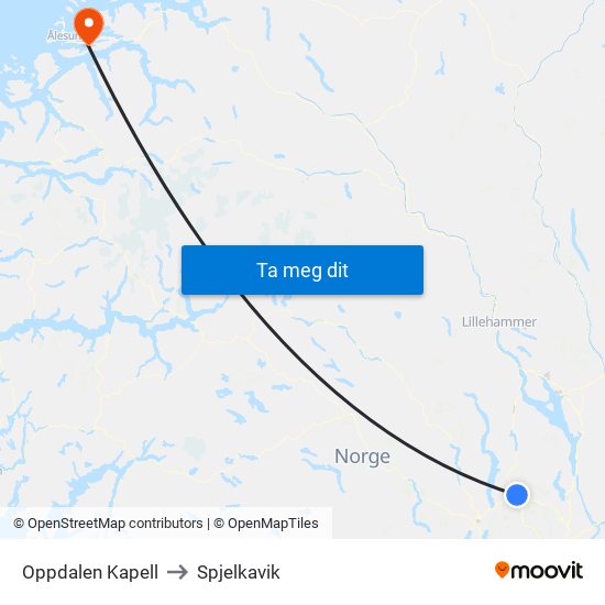 Oppdalen Kapell to Spjelkavik map