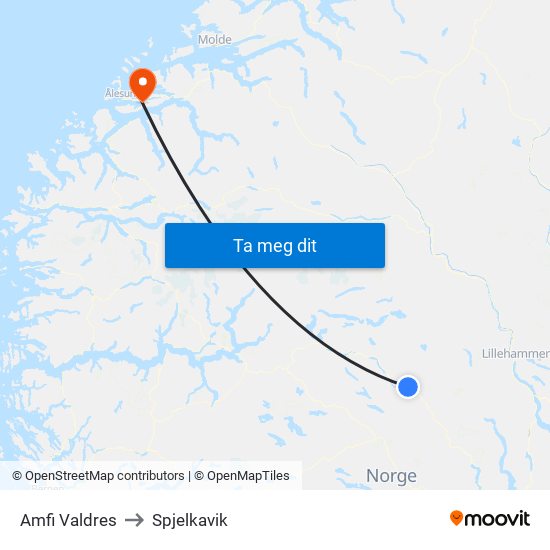 Amfi Valdres to Spjelkavik map