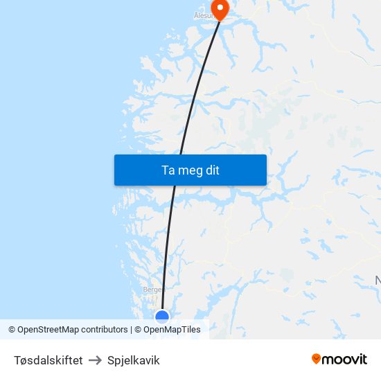 Tøsdalskiftet to Spjelkavik map