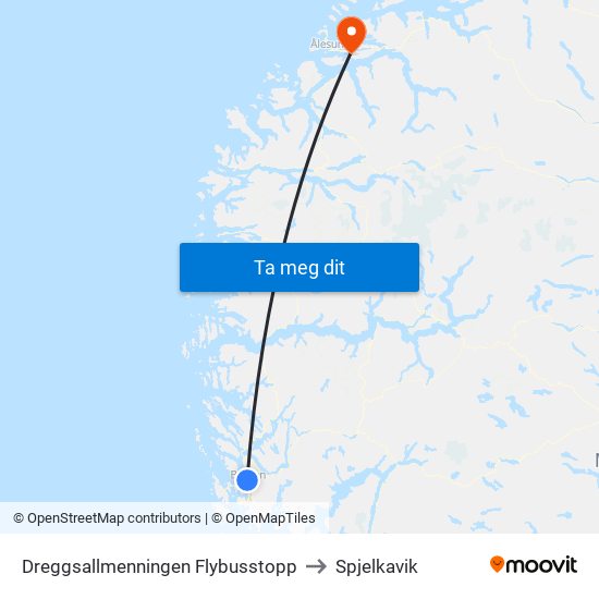 Dreggsallmenningen Flybusstopp to Spjelkavik map