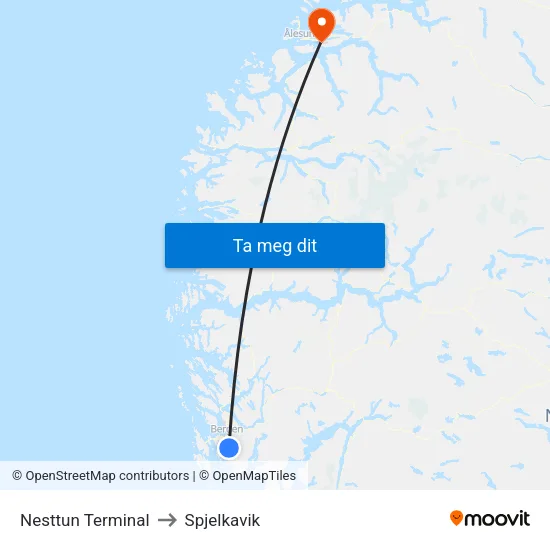 Nesttun Terminal to Spjelkavik map