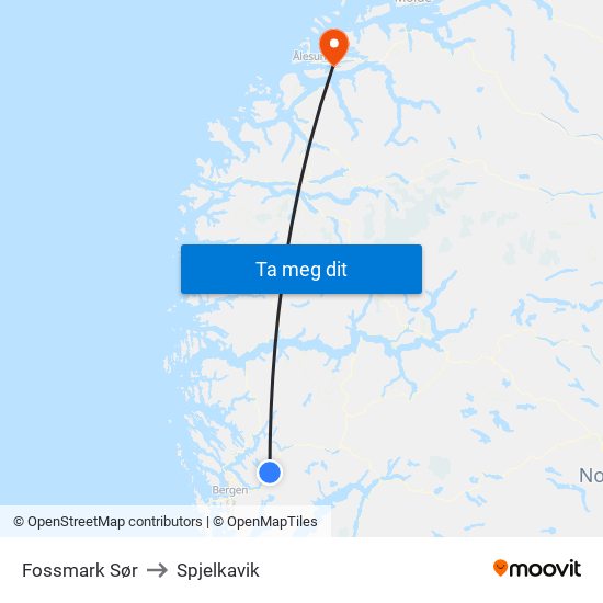 Fossmark Sør to Spjelkavik map