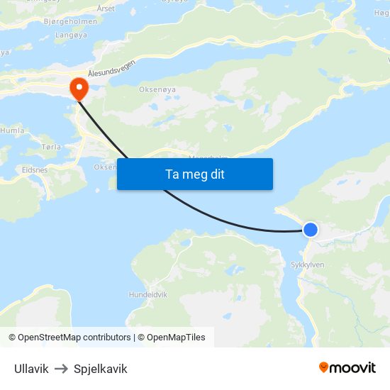 Ullavik to Spjelkavik map