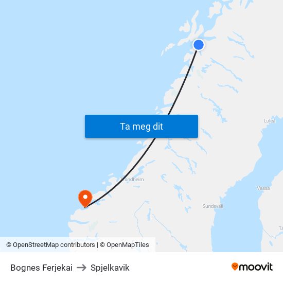 Bognes Ferjekai to Spjelkavik map