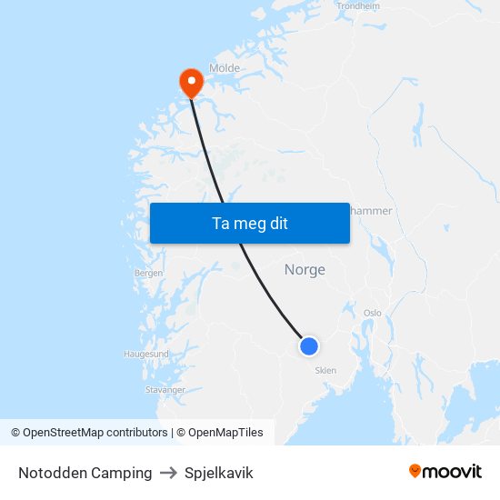 Notodden Camping to Spjelkavik map