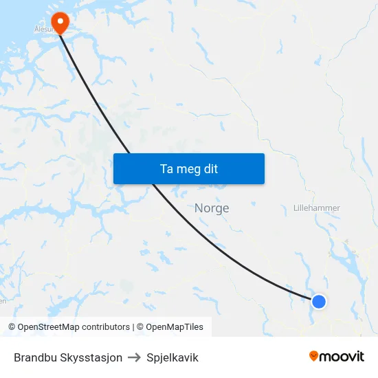 Brandbu Skysstasjon to Spjelkavik map