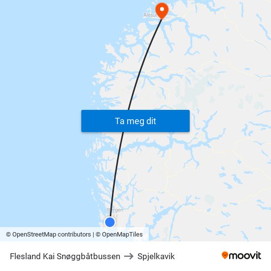 Flesland Kai Snøggbåtbussen to Spjelkavik map