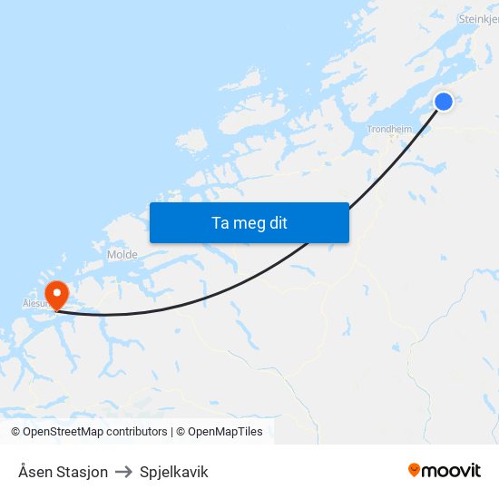 Åsen Stasjon to Spjelkavik map