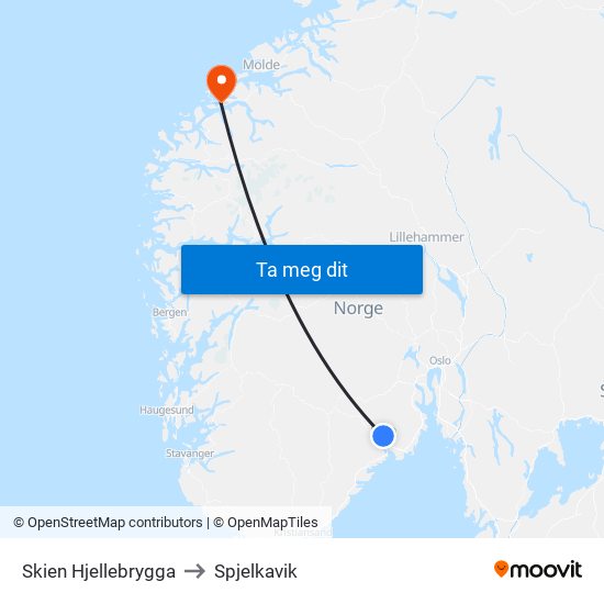 Skien Hjellebrygga to Spjelkavik map