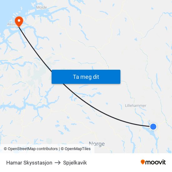 Hamar Skysstasjon to Spjelkavik map