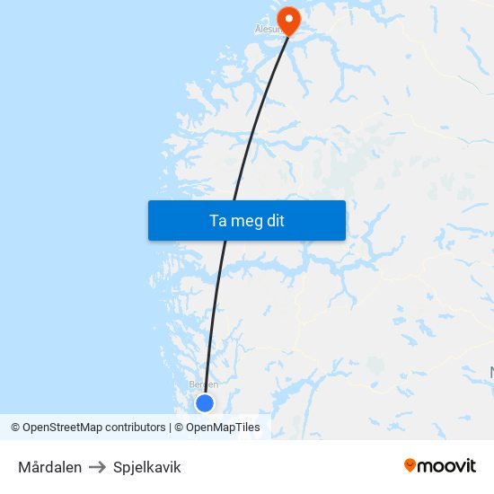 Mårdalen to Spjelkavik map