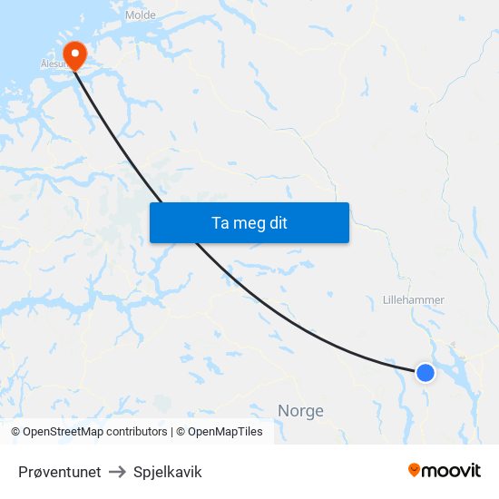 Prøventunet to Spjelkavik map