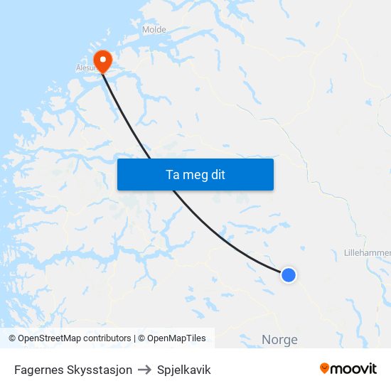 Fagernes Skysstasjon to Spjelkavik map