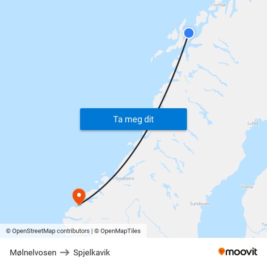 Mølnelvosen to Spjelkavik map