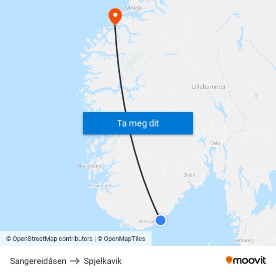 Sangereidåsen to Spjelkavik map