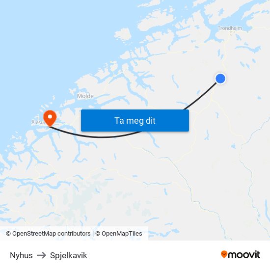 Nyhus to Spjelkavik map