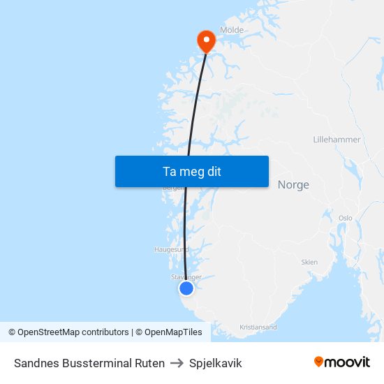 Sandnes Bussterminal Ruten to Spjelkavik map