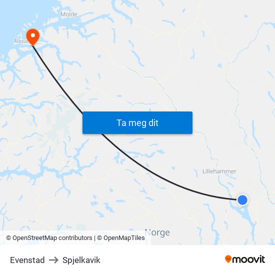Evenstad to Spjelkavik map