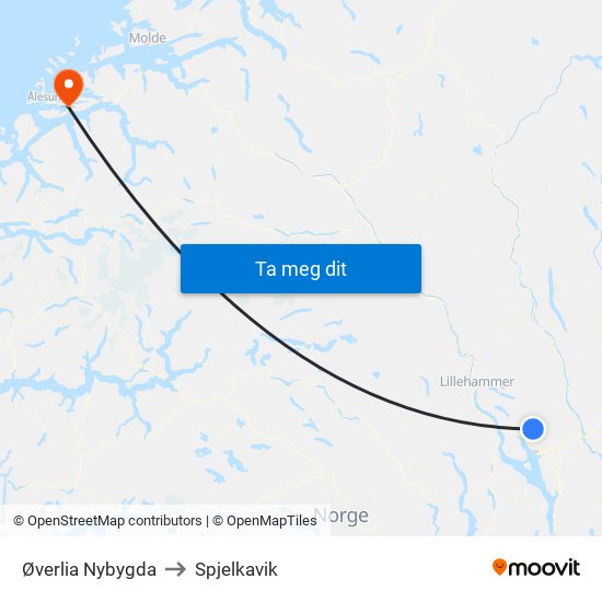 Øverlia Nybygda to Spjelkavik map