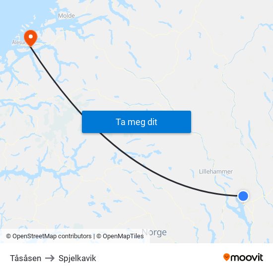 Tåsåsen to Spjelkavik map