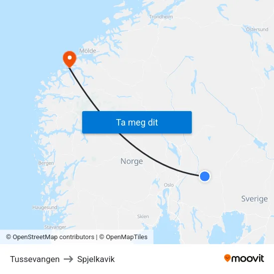 Tussevangen to Spjelkavik map