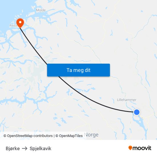 Bjørke to Spjelkavik map