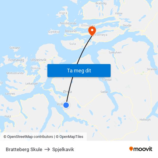 Bratteberg Skule to Spjelkavik map