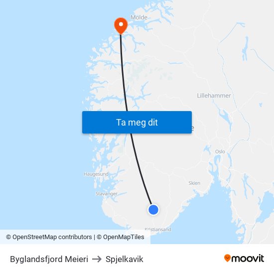 Byglandsfjord Meieri to Spjelkavik map