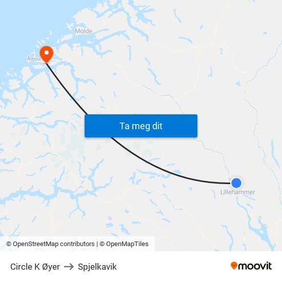 Circle K Øyer to Spjelkavik map