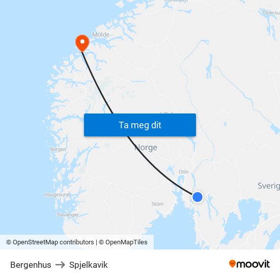 Bergenhus to Spjelkavik map