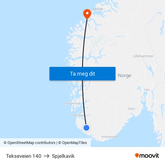 Tekseveien 140 to Spjelkavik map