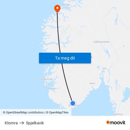 Klomra to Spjelkavik map